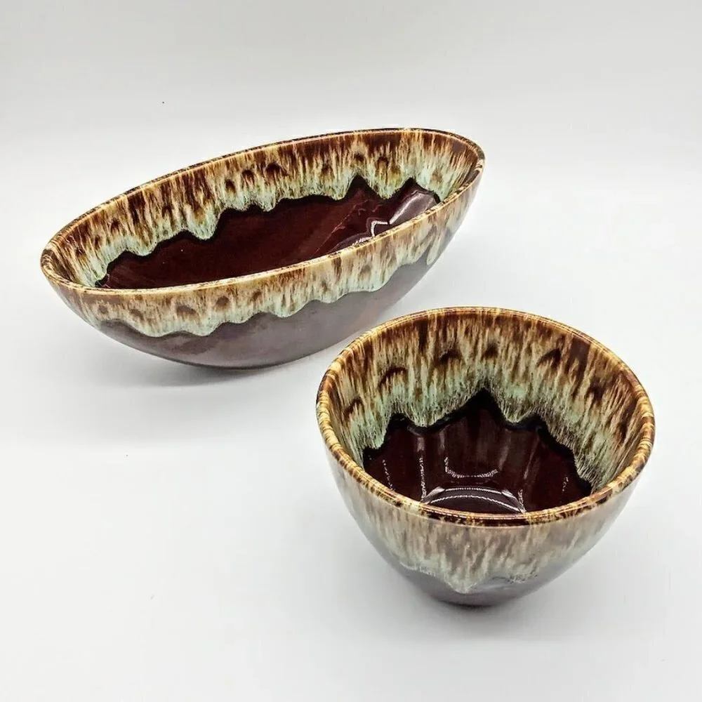 Set of 2 Vintage Canonsburg Ironstone Brown Drip Glaze Ceramic Bowls
